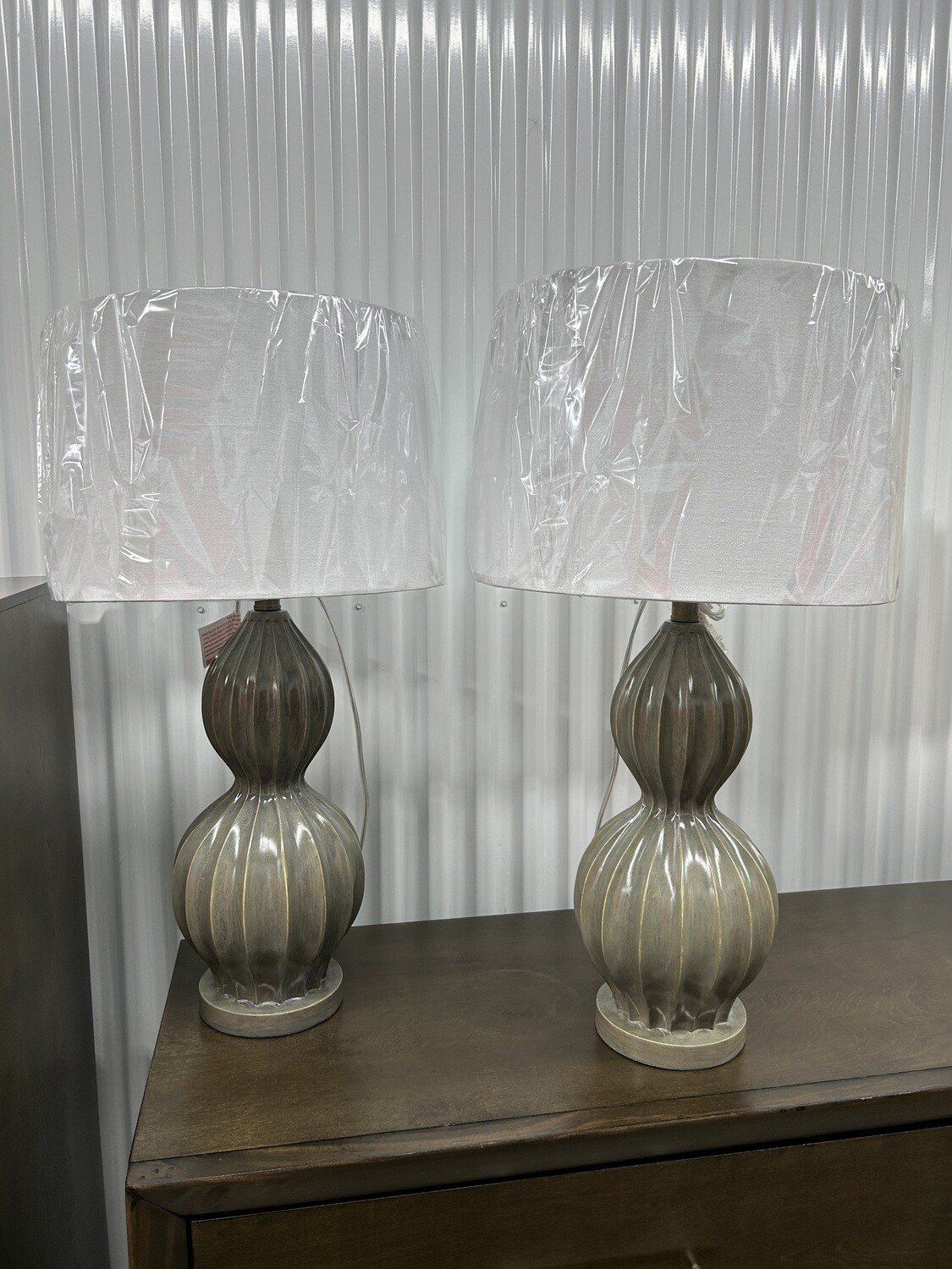Like new! Table Lamp, Ribbed Gourd Gray-Green, white shade #2322 - 3 mos. to sell @ 50% off