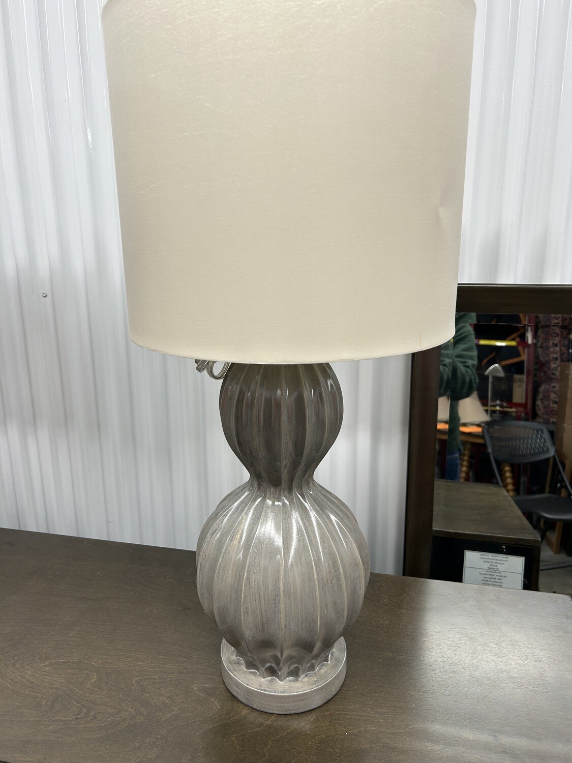 Like new! Table Lamp, Ribbed Gourd Gray, cream shade #2322 ** moved to family 3/19/24