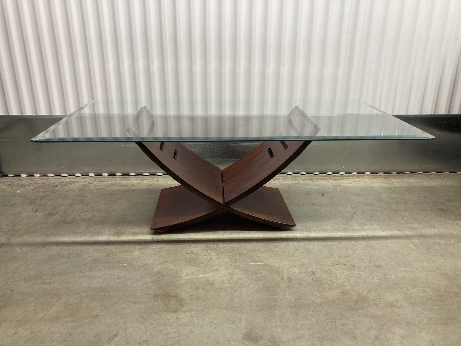 Modern Glass-top Coffee Table, curved wood base #2009