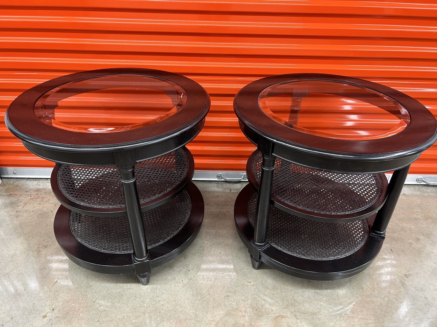 Round End Tables w/ glass & woven cane shelves 2324