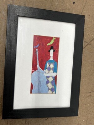Framed art: Cello Player with bird on hat #2314