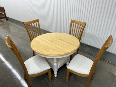Wood-top White Pedestal Kitchen Table w/storage, leaf & 4 Chairs #1048