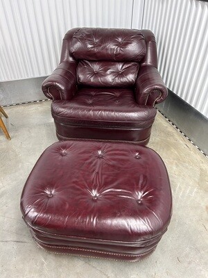 Broyhill Burgundy Tufted Leather Chair & Ottoman, nailhead trim #1148