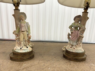 Pair: Lady & Man Porcelain/Brass Lamps #2213