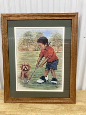 Framed Boy with His Dog Playing Golf #2133