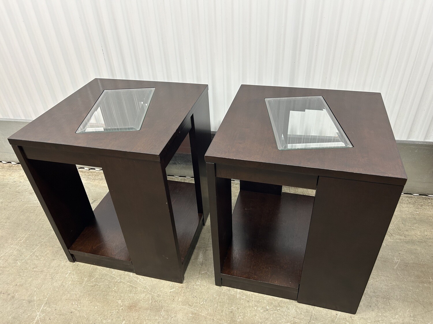 Pair: Cube-shape End Tables, glass insert #2114