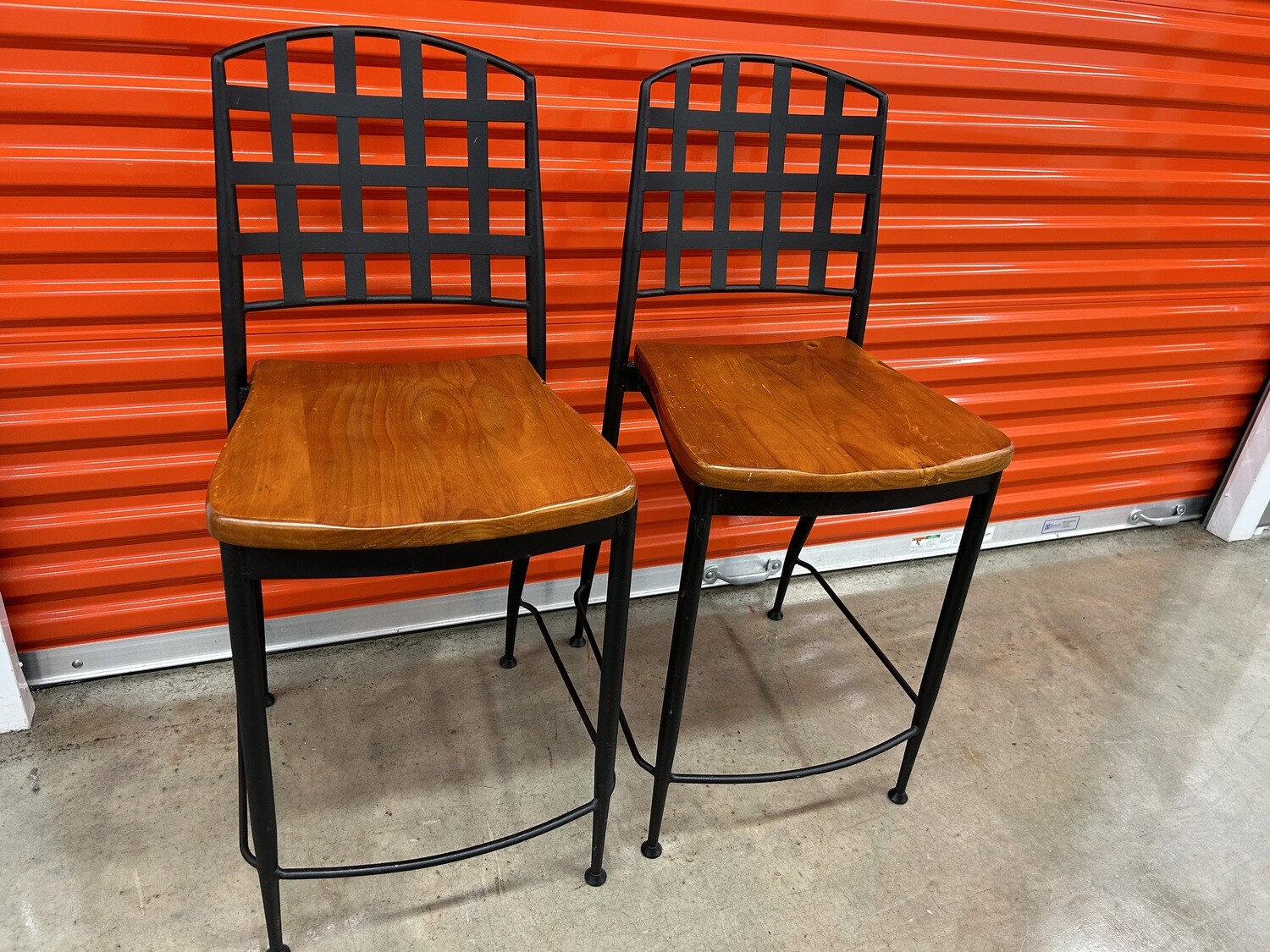 Pair Bar Stools with black grid-back frame, wood seats #2126