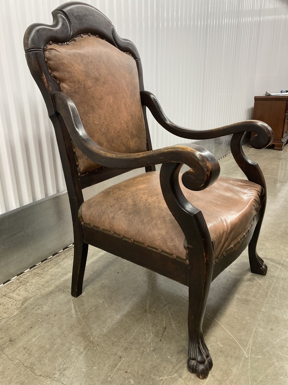 Antique Clawfoot Arm Chair, leather padding #2114