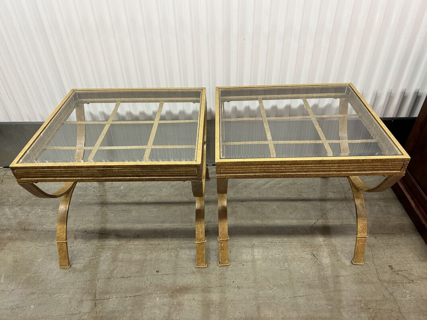 "Aged-look" Gold Metal End Tables, glass top #2103