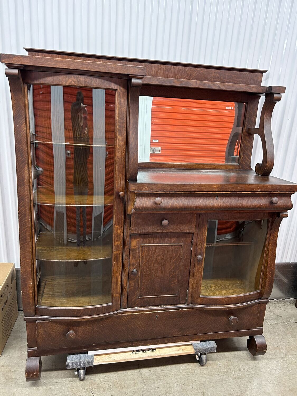Antique Oak Empire style China Buffet, curved glass doors #2125 ** 6 days to sell, full price