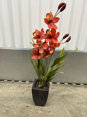 Planter, black ceramic w/ artificial Orchid #2314