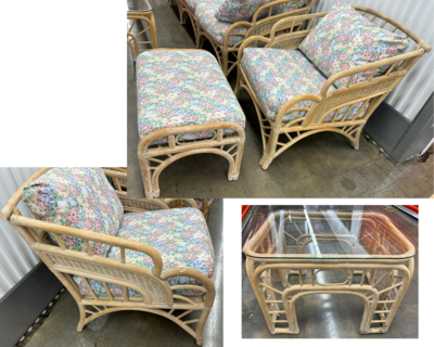 Beautiful Rattan Set: 2 Chairs, Ottoman & End Table, custom cushions #2133
