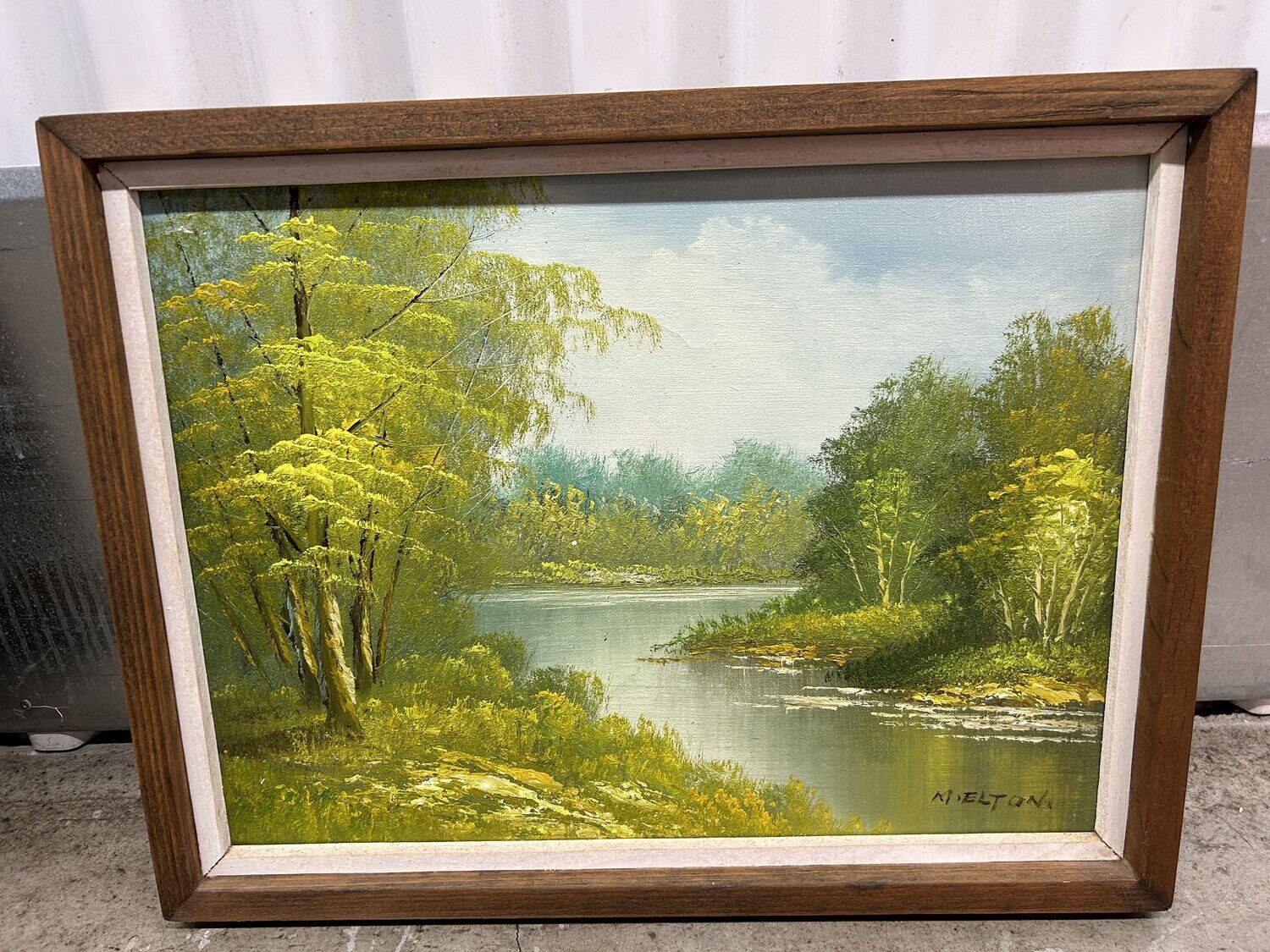 Oil on Canvas, Trees by water, M. Elton, rustic frame #2314
