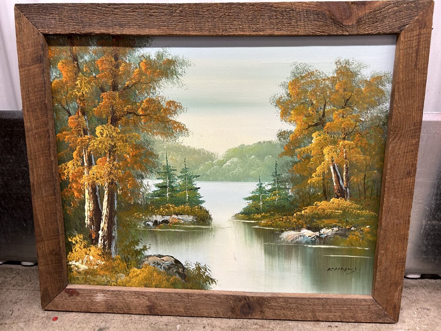 Oil on Canvas, Autumn Lake, by Rumk, rustic frame #2314 ** 2 mos. to sell, full price !