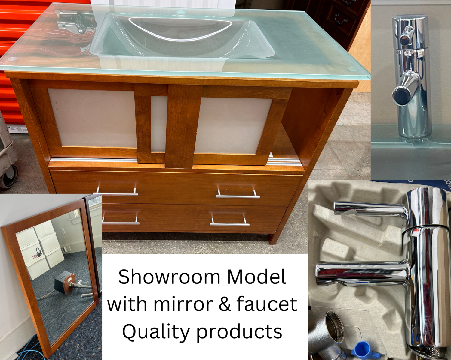 High-end 36" Bathroom Vanity, glass top, w/ mirror & faucet ** new price #1048 ** 2 mos. to sell, clearance & 30% off