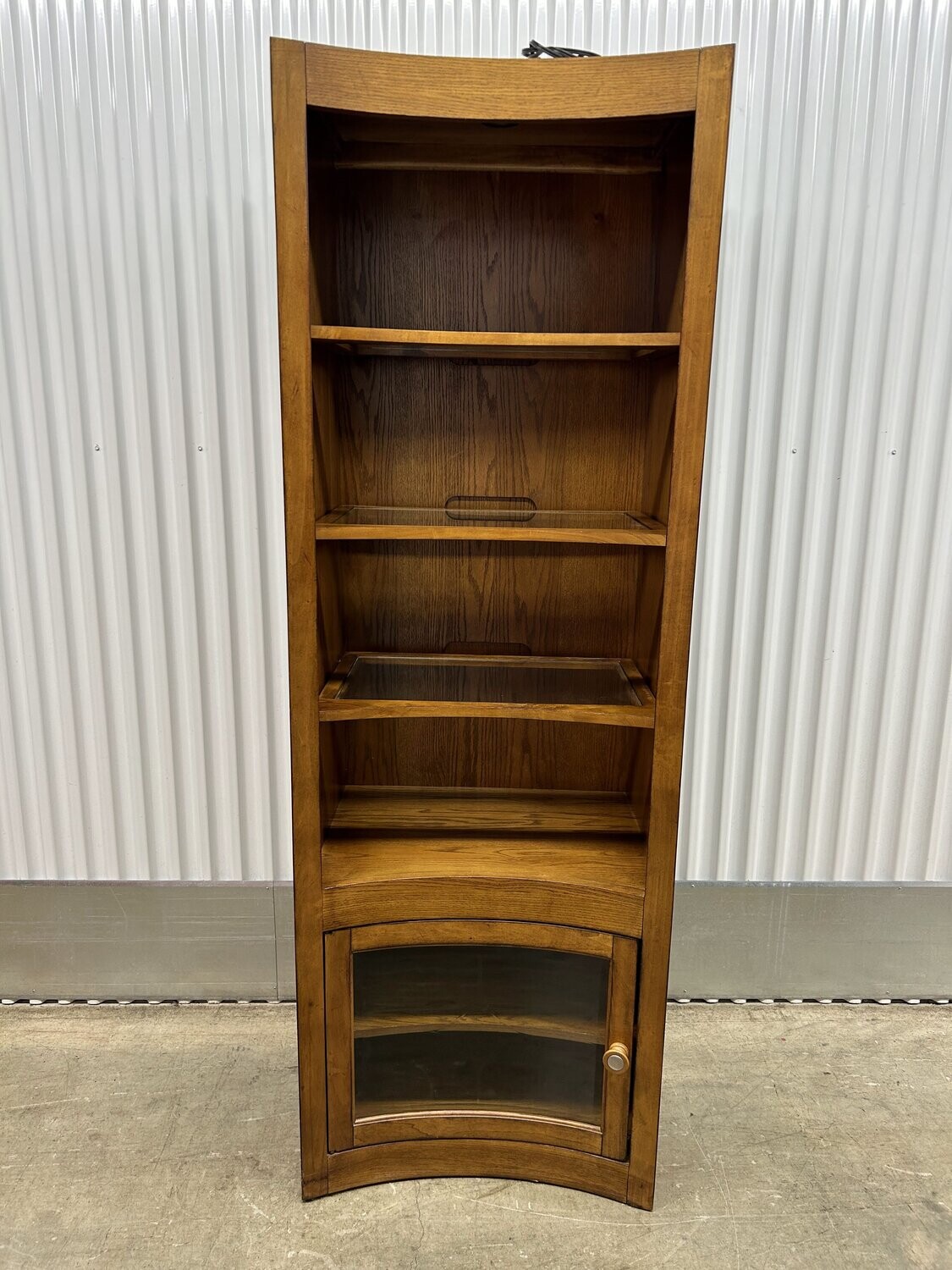 ** Oak Lighted Bookcase with curved front, glass shelves #2126 ** 2 wks. to sell, full price