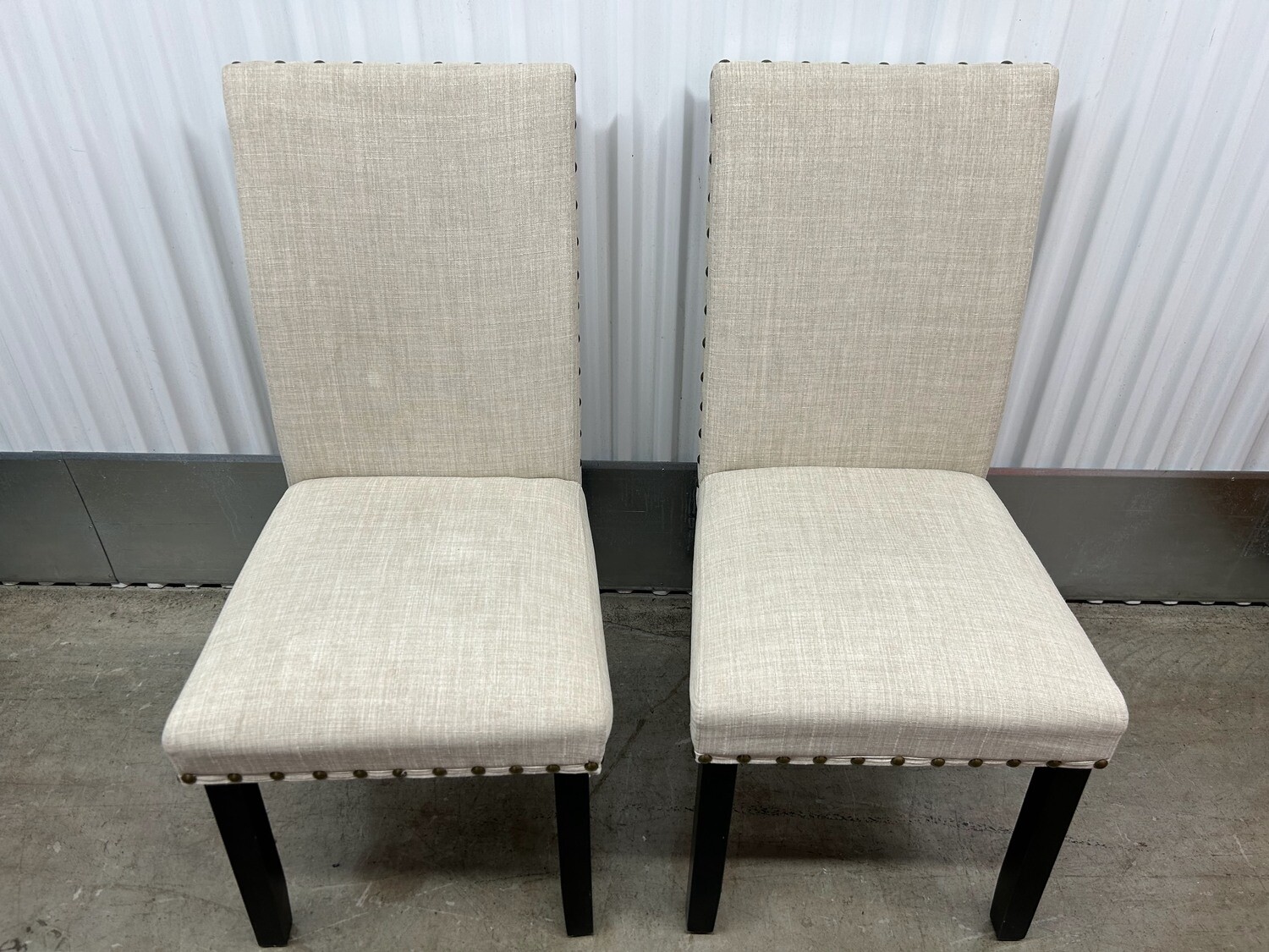 2 Dining Chairs, beige linen fabric w/ nailhead trim