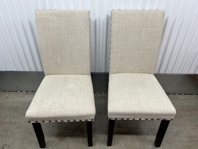 2 Dining Chairs, beige linen fabric w/ nailhead trim