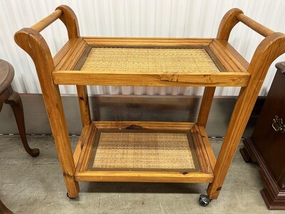 Vintage Bar Cart, pine with woven cane & leather accent #2214
