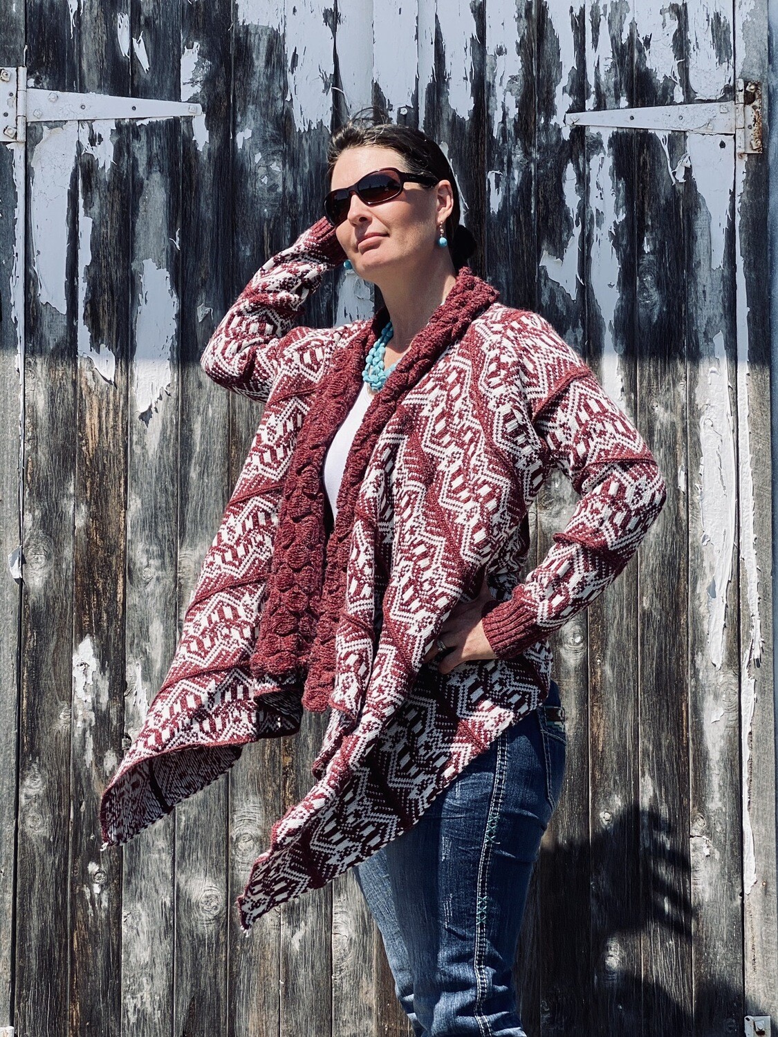 Knit Cardigan - Burgundy & White Print (Short)