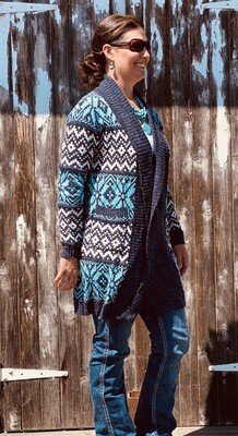 Knit Cardigan - Aztec Turquoise/Grey