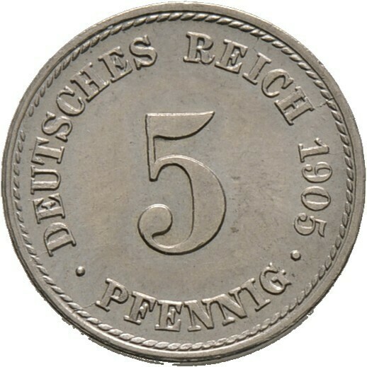 5 Pfennig 1905 F, Kleinmünzen, Deutsche Münzen ab 1871​