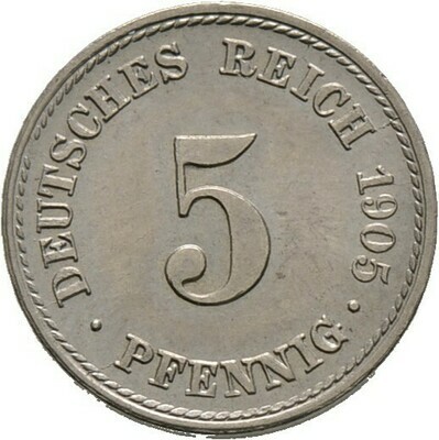 5 Pfennig 1905 F, Kleinmünzen, Deutsche Münzen ab 1871​