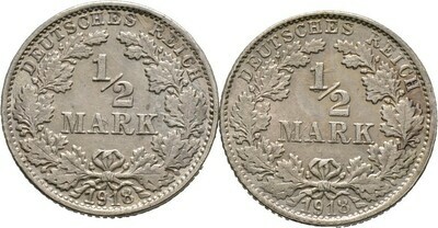 Lot (2 Stücke): 1/2 Mark 1918 F, Kleinmünzen​, Deutsche Münzen ab 1871​