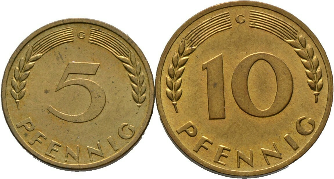 ​2 Stücke: 5 Pfennig sowie 10 Pfennig 1967, Bundesrepublik Deutschland