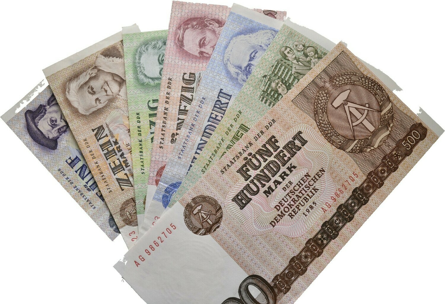 Set von 7 Banknoten, DDR, Banknoten