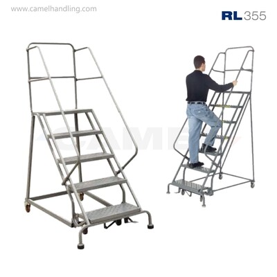 سلم صناعي متحرك بدرابزين ومنصة عمل علوية – 5 درجات RL355 | Industrial Rolling Ladder