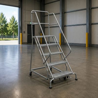 سلم صناعي متحرك بدرابزين ومنصة عمل علوية – 5 درجات RL355 | Industrial Rolling Ladder