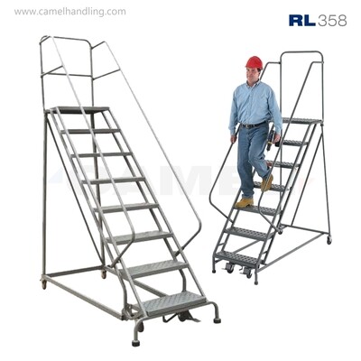 سلم صناعي متحرك بدرابزين ومنصة عمل علوية – 8 درجات RL358 | Industrial Rolling Ladder
