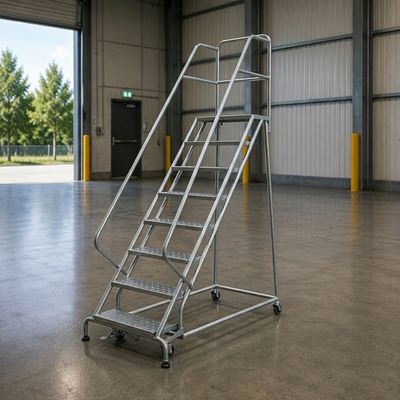 سلم صناعي متحرك بدرابزين ومنصة عمل علوية – 8 درجات RL358 | Industrial Rolling Ladder