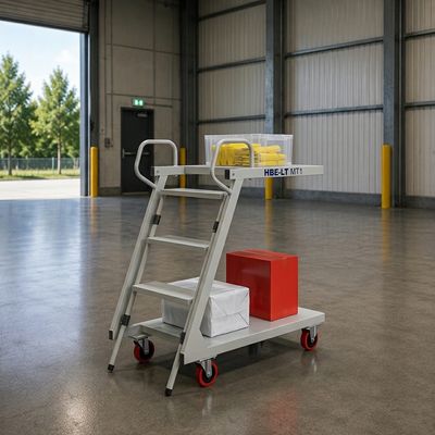 سلم مخازن متحرك بصينيتين وعجلات قابل للطي | Double-Tray Warehouse Rolling Ladder