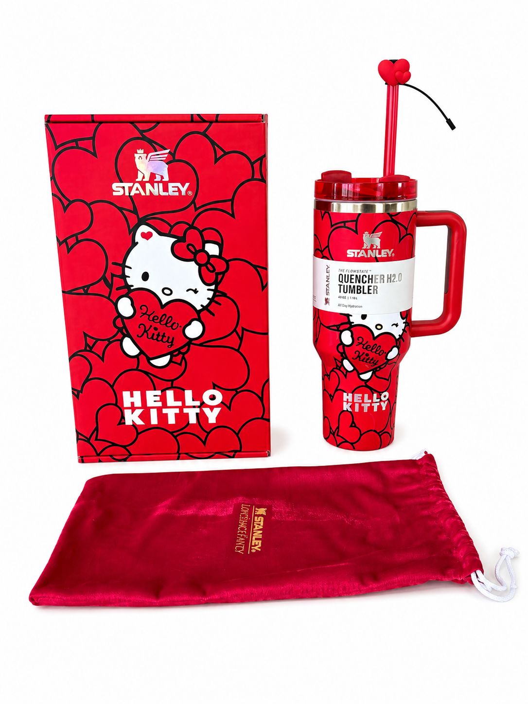 Limited Edition Stanley x Hello Kitty Quencher H2.0 40oz Tumbler Pink Hearts – LoveShackFancy Collection with Box &amp; Pouch