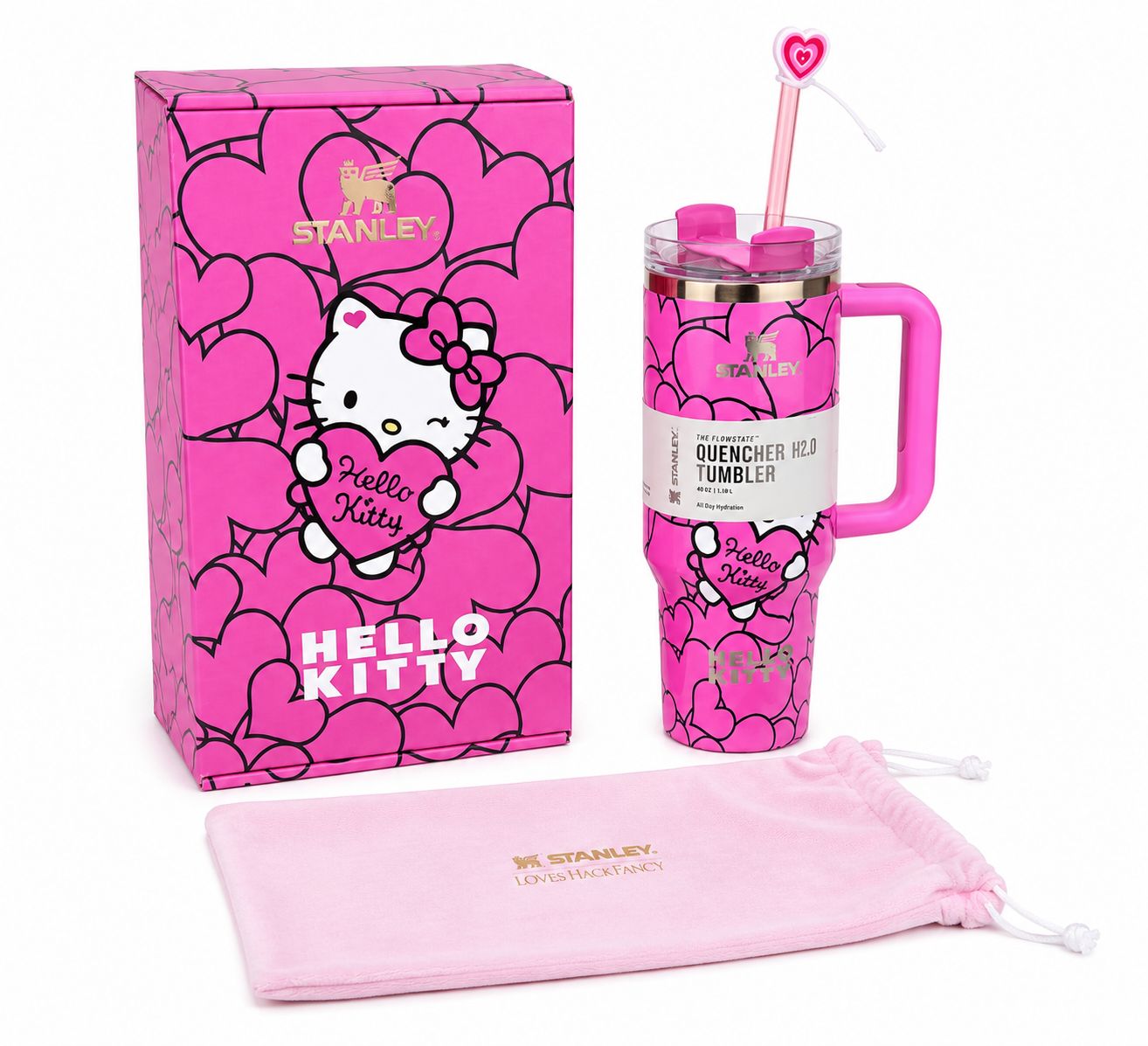 Limited Edition Stanley x Hello Kitty Quencher H2.0 40oz Tumbler Pink Hearts – LoveShackFancy Collection with Box &amp; Pouch