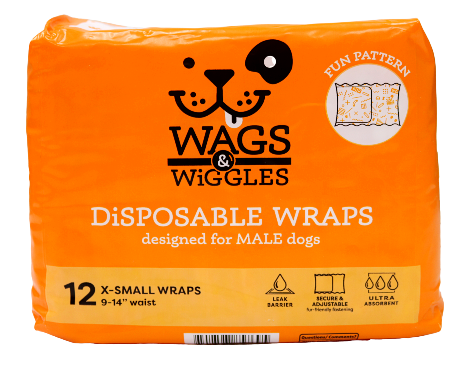 WAGS & WIGGLES DISPOSABLE MALE WRAP 9-14IN XS .