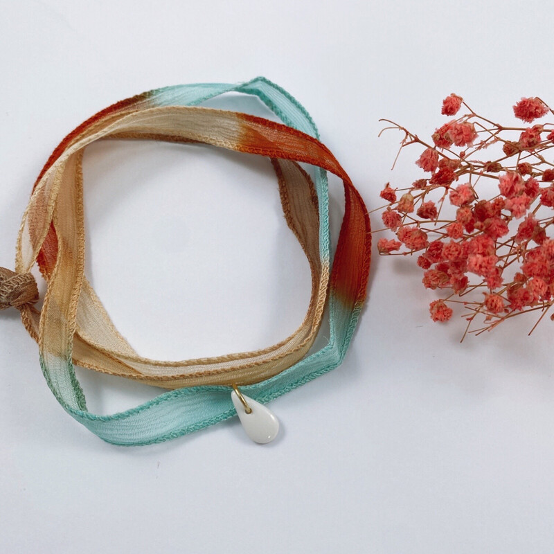 Bracelet ruban soie bleu marron 