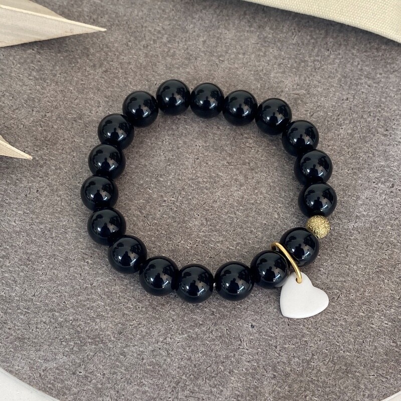 Bracelet grosses perles noires coeur