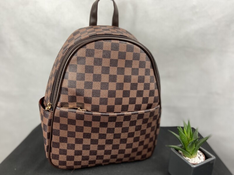 Tan/Brown Chequered print fashion backpack