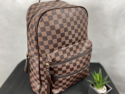 Tan/Brown chequered print fashion backpack