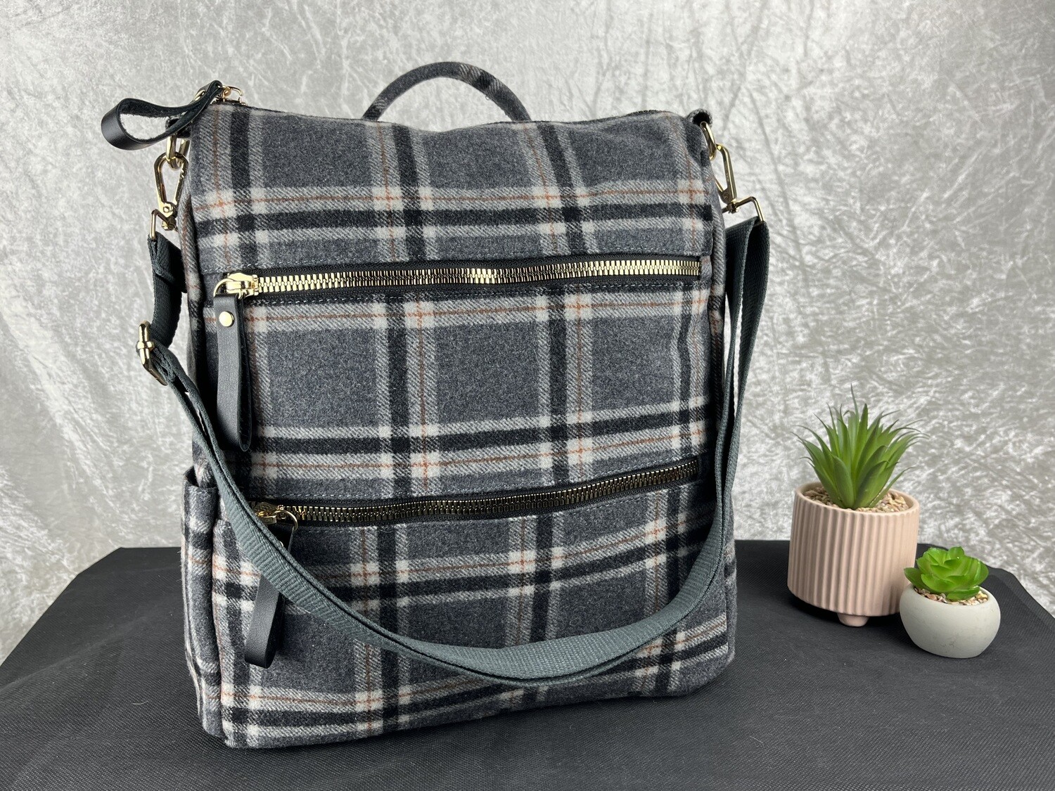 Grey check backpack/ handbag