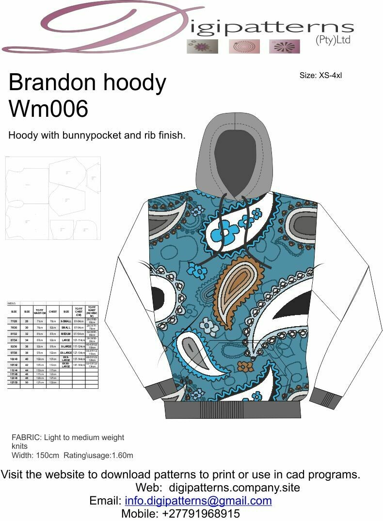 WM006_Mens Hoody ribbing and bunnypocket(XS-5XL)HPGL\PLOT\CAD FILE ONLY, seperated sizes