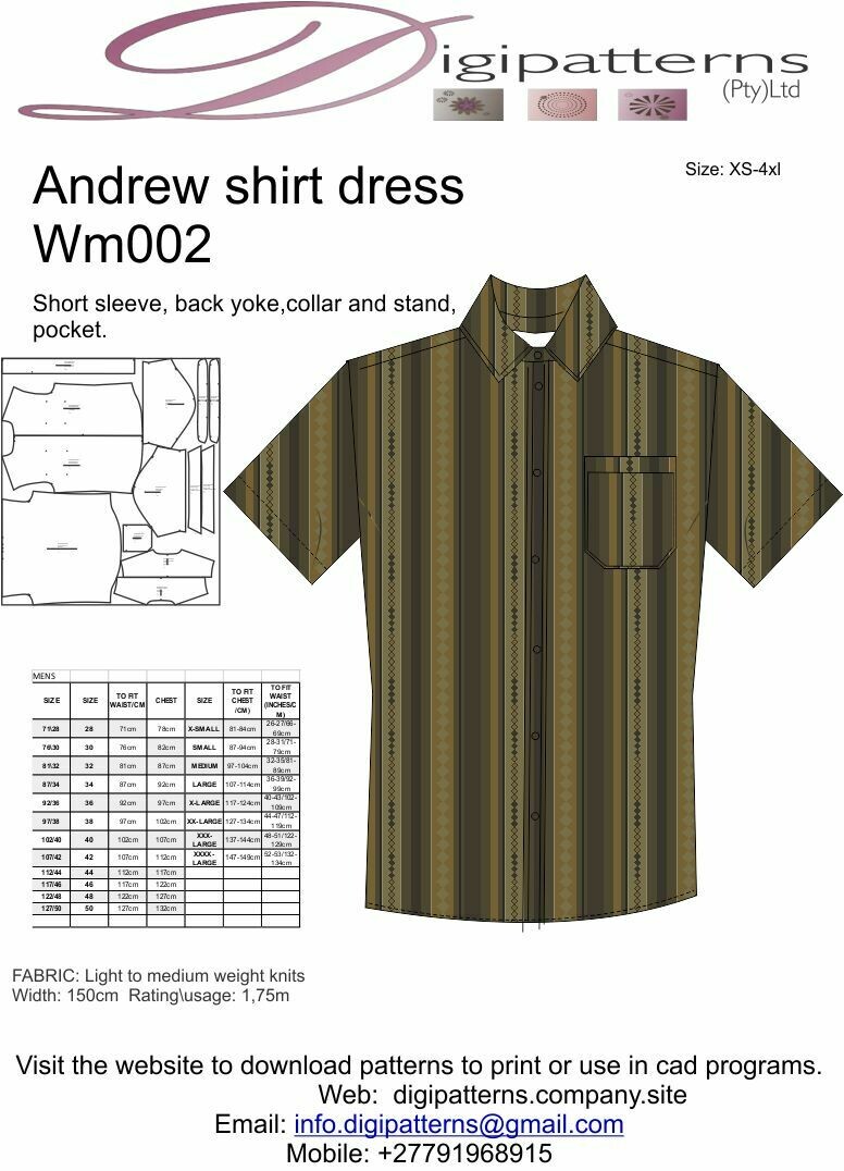 WM002_Mens short sleeve shirt  pattern S-4XL HPGL\PLOT\CAD FILE, Sizes seperated.