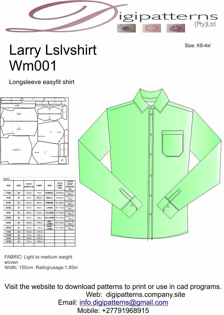 WM001-Mens Lounge shirt, Long sleeve, hpgl\plot\cad file S-4XL, sizes seperated