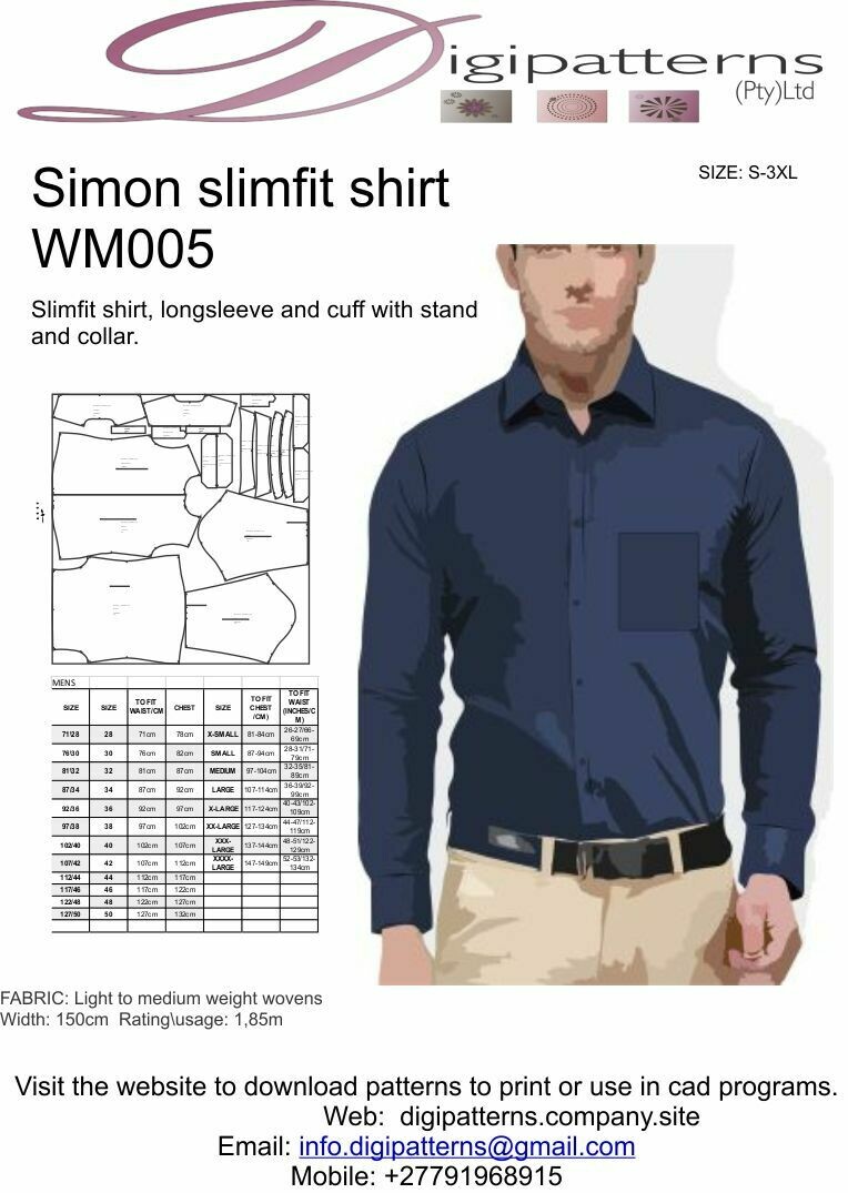 WM005_Mens Slimfit shirt back yoke, shirtcollar pattern HPGL\PLOT\CAD FILE ONLY, seperated sizes.