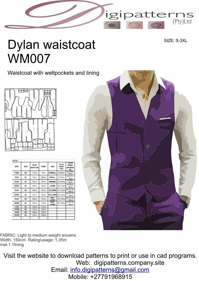 WM007_MENS WAISTCOAT, S-2XL, HPGL\PLOT\CAD FILE ONLY, sizes seperated.