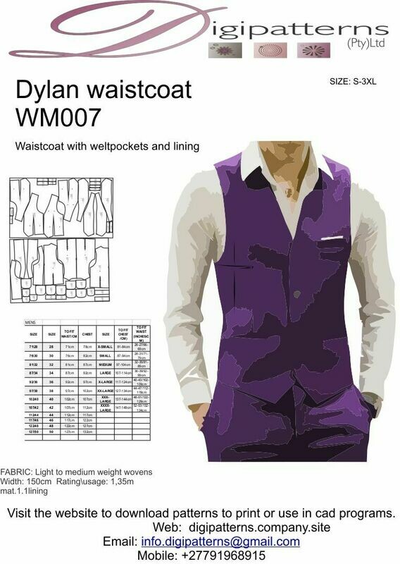 WM007_MENS WAISTCOAT, S-2XL, HPGL\PLOT\CAD FILE ONLY, sizes seperated.