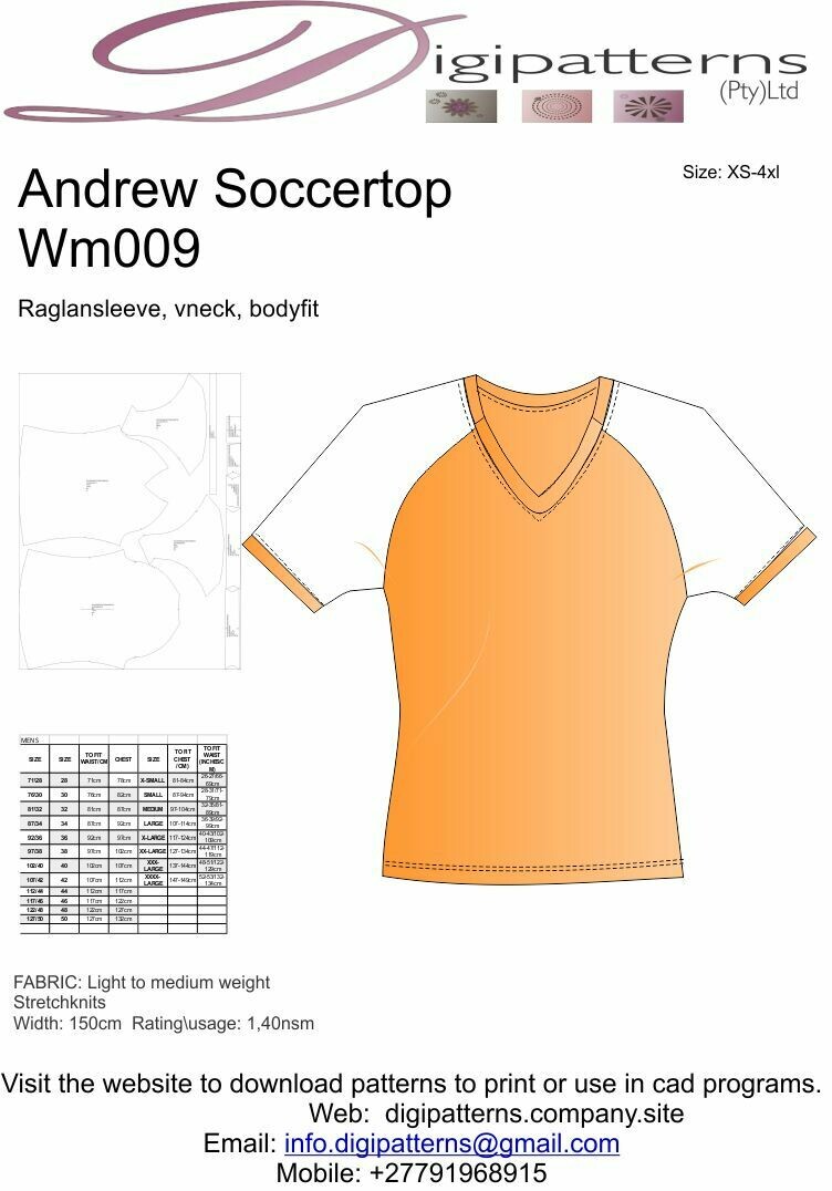 WM009-V-neck, raglansleeve, bodyfit, HPGL, PLOT, CAD Files, sizes Seperated, S-XL